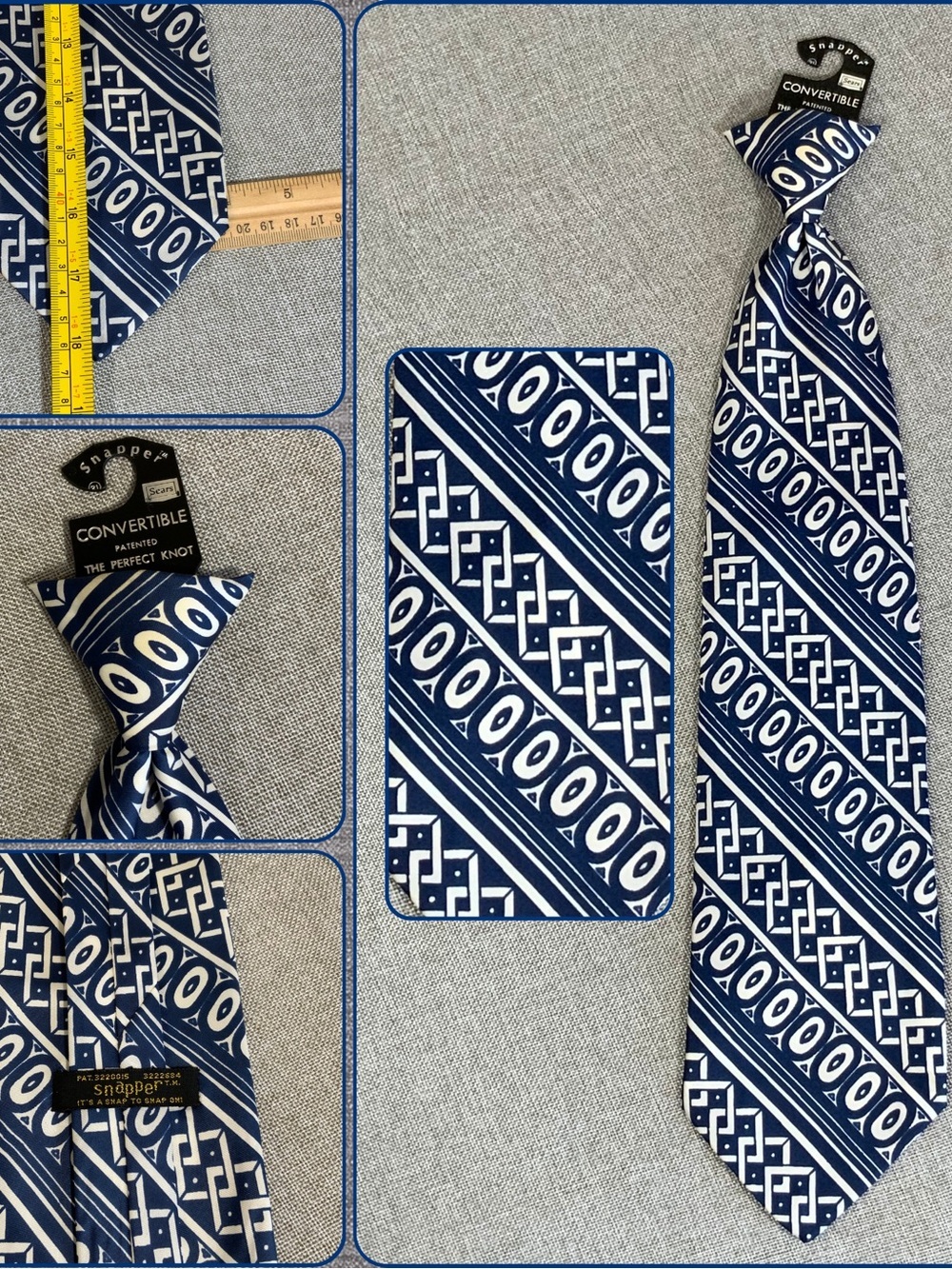 Vintage Sears Snapper Clip-On Tie Navy Geometric